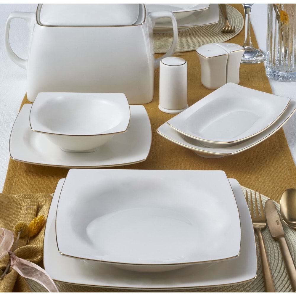 Caroline 62 Parça 12 Kişilik Kare Yemek Takımı Altın Yaldız 20